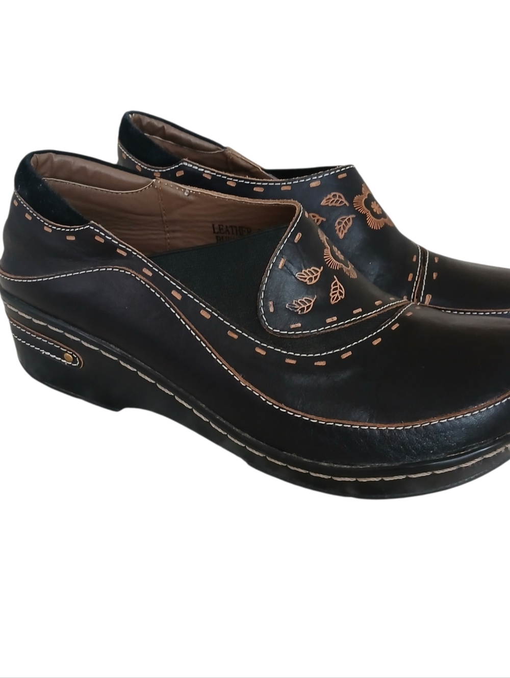 Spring Step L'Artiste Burbank Leather Clogs Women's 9 Dark Brown Floral Wedge